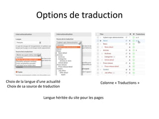 Options de traduction




Choix de la langue d’une actualité                        Colonne « Traductions »
 Choix de sa source de traduction

                       Langue héritée du site pour les pages
 