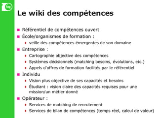 Le wiki des compétences Référentiel de compétences ouvert École/organismes de formation : veille des compétences émergentes de son domaine Entreprise : Cartographie objective des compétences Systèmes décisionnels (matching besoins, évolutions, etc.)‏ Appels d'offres de formation facilités par le référentiel Individu Vision plus objective de ses capacités et besoins Étudiant : vision claire des capacités requises pour une mission/un métier donné Opérateur : Services de matching de recrutement Services de bilan de compétences (temps réel, calcul de valeur)‏ 