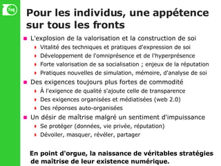 Pour les individus, une appétence sur tous les fronts L'explosion de la valorisation et la construction de soi Vitalité des techniques et pratiques d'expression de soi Développement de l'omniprésence et de l'hyperprésence Forte valorisation de sa socialisation ; enjeux de la réputation Pratiques nouvelles de simulation, mémoire, d'analyse de soi Des exigences toujours plus fortes de commodité À l'exigence de qualité s'ajoute celle de transparence Des exigences organisées et médiatisées (web 2.0)‏ Des réponses auto-organisées Un désir de maîtrise malgré un sentiment d'impuissance Se protéger (données, vie privée, réputation)‏ Dévoiler, masquer, révéler, partager En point d'orgue, la naissance de véritables stratégies de maîtrise de leur existence numérique. 
