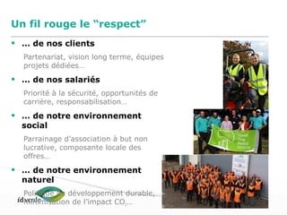 Espaces Verts
20
Un fil rouge le “respect”
• … de nos clients
Partenariat, vision long terme, équipes
projets dédiées…
• … de nos salariés
Priorité à la sécurité, opportunités de
carrière, responsabilisation…
• … de notre environnement
social
Parrainage d’association à but non
lucrative, composante locale des
offres…
• … de notre environnement
naturel
Politique de développement durable,
minimisation de l’impact CO2…
 