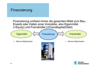 Finanzierung

     Finanzierung umfasst immer die gesamten Mittel zum Bau,
     Erwerb oder Halten einer Immobilie, also Eigenmittel
     (=Equity) und Fremdmittel (=Fremdkapital/Debt)

          Eigenmittel             Finanzierung          Fremdmittel


         Mehrere Möglichkeiten                      Mehrere Möglichkeiten




36
 