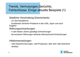 Trends, Vermutungen,Gerüchte,
Fehlschlüsse: Einige aktuelle Beispiele (1)

 Staatliche Verschuldung Griechenlands:
   zur Zeit Hauptthema
   Ausblenden ähnlicher Probleme in den USA, Japan und auch
 England
 Währungsschwankungen:
   in den letzten Jahren gewaltige Schwankungen
   bei einzelnen Währungen teilweise überraschende Entwicklungen


 Inflationserwartungen:
   viele Expertenmeinungen, viele Prognosen, aber sehr viele Szenarien
    denkbar.

38
 