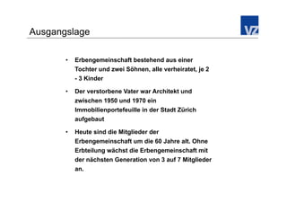 Ausgangslage

       •    Erbengemeinschaft bestehend aus einer
            Tochter und zwei Söhnen, alle verheiratet, je 2
            - 3 Kinder

       •    Der verstorbene Vater war Architekt und
            zwischen 1950 und 1970 ein
            Immobilienportefeuille in der Stadt Zürich
            aufgebaut

       •    Heute sind die Mitglieder der
            Erbengemeinschaft um die 60 Jahre alt. Ohne
            Erbteilung wächst die Erbengemeinschaft mit
            der nächsten Generation von 3 auf 7 Mitglieder
            an.
 