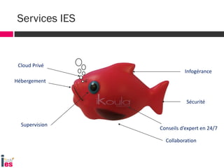 Services IES
Hébergement
Cloud Privé
Supervision
Infogérance
Sécurité
Conseils d’expert en 24/7
Collaboration
 
