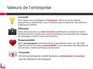 Valeurs de l’entreprise
Curiosité
Chez Ikoula nous privilégions l’innovation : libres de toute attache,
passionnés et autonomes, nous n’hésitons pas à emprunter des chemins
originaux et créatifs.
Efficacité
Nous évoluons dans un cadre structuré, optimisant au maximum notre
fonctionnement. Quelles que soient la distance ou la barrière des langues,
les échanges suivent le plus court chemin.
Responsabilité
Nous accompagnons nos partenaires et grandissons avec eux. De cette
volonté nait un sens de la responsabilité : nous assumons nos décisions et
nos services, autant techniques qu’humains.
Proximité
En tant qu’entreprise à taille humaine, collaboration et réactivité
sont les éléments clés d’Ikoula.
 