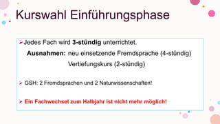 Kurswahl Einführungsphase
Jedes Fach wird 3-stündig unterrichtet.
Ausnahmen: neu einsetzende Fremdsprache (4-stündig)
Vertiefungskurs (2-stündig)
 GSH: 2 Fremdsprachen und 2 Naturwissenschaften!
 Ein Fachwechsel zum Halbjahr ist nicht mehr möglich!
 