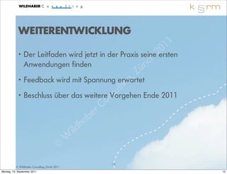 WEITERENTWICKLUNG
                                                                  1 1
                                                            2 0
            •   Der Leitfaden wird jetzt in der Praxis seine ersten
                Anwendungen finden                      ri ch
                                                       ü
                                                       Z
                                              g
                Feedback wird mit Spannung erwartet
                                                     ,
            •
                                             n   lti
                                              nsu
            • Beschluss über das weitere Vorgehen Ende 2011
                                          C o
                                     b er
                                  ha
                              ild
                           W
                         ©
                                                14
          © Wildhaber Consulting, Zürich 2011
Montag, 19. September 2011                                              14
 