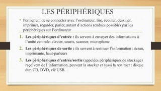 LES PÉRIPHÉRIQUES
• Permettent de se connecter avec l’ordinateur, lire, écouter, dessiner,
imprimer, regarder, parler, autant d’actions rendues possibles par les
périphériques sur l’ordinateur
1. Les périphériques d’entrée : ils servent à envoyer des informations à
l’unité centrale: clavier, souris, scanner, microphone
2. Les périphériques de sortie : ils servent à restituer l’information : écran,
imprimante, haut-parleurs
3. Les périphériques d’entrée/sortie (appelées périphériques de stockage)
reçoivent de l’information, peuvent la stocker et aussi la restituer : disque
dur, CD, DVD, clé USB.
 