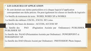 • LES LOGICIELS D’APPLICATION
• Ils sont destinés aux tâches particulières et à chaque logiciel d’application
correspondant une tâche précise. On peut également les classer en famille de logiciels :
La famille de traitement de texte : WORD, WORD XP et WORKS
La famille des tableurs: EXCEL, EXCEL XP, Lotus.
La famille des bases de données : ACCESS, ACCESS XP.
La famille des PAO (Pagination Assistée par Ordinateurs) : PUBLISHER,
PUBLISHER XP.
La famille des PréAO (Présentation Assistée par Ordinateur) : POWERPOINT et
POWERPOINT XP.
La famille des DAO (Dessin Assisté par Ordinateur) : PHOTOSHOP, Photo Impact.
 
