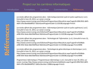 Les écoles offrant des programmes dans : Informatique (premier cycle et cycles supérieurs). (s.d.). Consulté le mars 29, 2011, sur careercruising: http://www.careercruising.com/CASchool/ProgramSearchResultList.aspx?LoginID=09fe7832-dbf3-46bf-a7fb-0bedbbb8f927-5&3rdLevelProgramCode=11.0101&Language=FrenchLes écoles offrant des programmes dans : Informatique (premier cycle et cycles supérieurs). (s.d.). Consulté le mars 31, 2011, sur careercruising: http://www.careercruising.com/CASchool/ProgramSearchResultList.aspx?LoginID=ef1b98ab-a498-45fe-9eda-6bb1fbdf5bcd-5&3rdLevelProgramCode=11.0101&Language=French#NBLes écoles offrant des programmes dans : Technologie de l’information. (s.d.). Consulté le mars 31, 2011, sur careercruising: http://www.careercruising.com/CASchool/ProgramSearchResultList.aspx?LoginID=ef1b98ab-a498-45fe-9eda-6bb1fbdf5bcd-5&3rdLevelProgramCode=11.0103&Language=French#NBLes écoles offrant des programmes dans : Technologie du génie électrique et électronique. (s.d.). Consulté le mars 31, 2011, sur careercruising: http://www.careercruising.com/CASchool/ProgramSearchResultList.aspx?LoginID=ef1b98ab-a498-45fe-9eda-6bb1fbdf5bcd-5&3rdLevelProgramCode=15.0303&Language=French#NBProgrammeur informatique / Programmeuse informatique. (s.d.). Consulté le mars 29, 2011, sur careercruising: http://www.careercruising.com/Careers/JobDetails.aspx?LoginID=09fe7832-dbf3-46bf-a7fb-0bedbbb8f927-5&OccNumber=108&Language=French