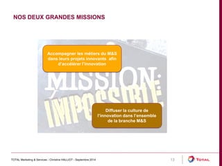 NOS DEUX GRANDES MISSIONS 
13 
Diffuser la culture de 
l’innovation dans l’ensemble 
de la branche M&S 
Accompagner les métiers du M&S 
dans leurs projets innovants afin 
d’accélérer l’innovation 
TOTAL Marketing & Services - Christine HALLIOT - Septembre 2014 
 