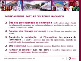 TOTAL Marketing & Services - Christine HALLIOT - Septembre 2014 14 
POSITIONNEMENT / POSTURE DE L’ÉQUIPE INNOVATION 
 Être des professionnels de l’innovation : notre valeur ajoutée réside 
dans la capacité à proposer les meilleures solutions de résolution de problèmes, de 
process innovation aux entités 
 Proposer des réponses sur mesure : être à l’écoute des questions des 
entités. 
 Construire le portefeuille et l’écosystème des acteurs de 
l’innovation . : analyse continue des sociétés spécialisées, cabinets de 
créativité, outils de génération de business model, 
 Etre « catalyseur » pour proposer des scénarios d’évolution de nos métiers 
 Partager et échanger avec nos pairs : rencontrer régulièrement des 
acteurs de l’innovation dans d’autres entreprises 
 