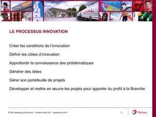 TOTAL Marketing & Services - Christine HALLIOT - Septembre 2014 18 
LE PROCESSUS INNOVATION 
Créer les conditions de l’innovation 
Définir les cibles d’innovation 
Approfondir la connaissance des problématiques 
Générer des idées 
Gérer son portefeuille de projets 
Développer et mettre en oeuvre les projets pour apporter du profit à la Branche 
 
