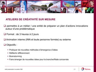 draft presentation innovation G60 24 
ATELIERS DE CRÉATIVITÉ SUR MESURE 
 permettre à un métier / une entité de préparer un plan d’actions innovations 
autour d’une problématique 
 Format : de 3 heures à 2 jours 
 Animation interne (INN et toute personne formée) ou externe 
 Objectifs : 
 Pratiquer de nouvelles méthodes d’émergence d’idées 
 Réfléchir différemment 
 Brainstorming 
 Faire émerger de nouvelles idées pour la branche/filiale concernée 
 