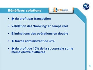 Bénéfices solutions

•  du profit par transaction

• Validation des ‘booking’ en temps réel

• Éliminations des opérations en double

•  travail administratif de 35%

•  du profit de 10% de la succursale sur le
  même chiffre d’affaires



                                               5
 