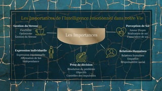Les Importances de l’Intelligence émotionnel dans notre Vie
Gestion du Stresse
Flexibilité
Optimisme
Gestion du Stresse
Expression individuelle
Expression émotionnelle
Affirmation de Soi
Indépendance
Perception de Soi
Amour Propre
Réalisation de soi
Conscience de soi
Relations Humaines
Relations humaines
Empathie
Responsabilité social
Prise de décision
Résolution du problème
Objectifs
Contrôles des impulsions
Les Importances
 