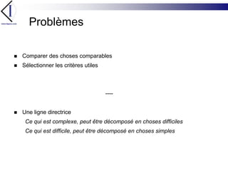 ProblèmesComparer des choses comparablesSélectionner les critères utiles----Une ligne directrice		Ce qui est complexe, peut être décomposé en choses difficiles		Ce qui est difficile, peut être décomposé en choses simples