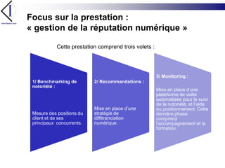 Focus sur la prestation :« gestion de la réputation numérique »Cette prestation comprend trois volets :