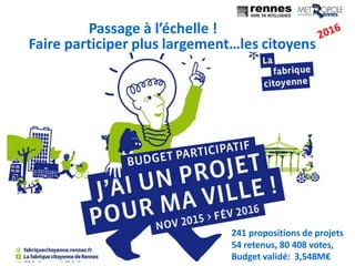 Faire participer plus largement…les citoyens
241 propositions de projets
54 retenus, 80 408 votes,
Budget validé: 3,548M€
Passage à l’échelle !
 