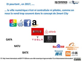 4
… la ville numérique n’est ni centralisée ni pilotée, comme on
nous la vend trop souvent dans le concept de Smart City
GAFA
NATU
BATX
Cf: http://www.internetactu.net/2017/11/28/vers-une-ville-numerique-ingouvernable-12-un-foisonnement-dinnovation/
Et pourtant , en 2017, ….
 