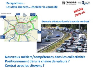 Perspectives…
Les data sciences….chercher la causalité
Exemple: désaturation de la rocade nord-est
Nouveaux métiers/compétences dans les collectivités
Positionnement dans la chaine de valeurs ?
Contrat avec les citoyens ?
 