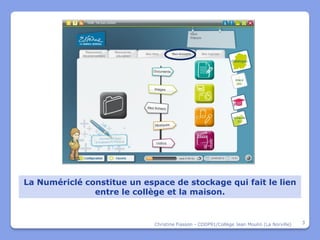 La Numériclé constitue un espace de stockage qui fait le lien
               entre le collège et la maison.


                             Christine Fiasson - CDDP91/Collège Jean Moulin (La Norville)   3
 