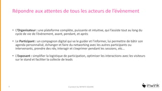 Répondre aux attentes de tous les acteurs de l’évènement
• L’Organisateur : une plateforme complète, puissante et intuitive, qui l’assiste tout au long du
cycle de vie de l’évènement, avant, pendant, et après
• Le Participant : un compagnon digital qui va le guider et l’informer, lui permettre de bâtir son
agenda personnalisé, échanger et faire du networking avec les autres participants ou
intervenants, prendre des rdv, interagir et s’exprimer pendant les sessions, etc…
• L’Exposant : simplifier la logistique de participation, optimiser les interactions avec les visiteurs
sur le stand et faciliter la collecte de leads
A product by INFINITE SQUARE4
 