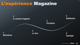 L’expérience Magazine
5
Satisfaction

2
Le moment magazine

1
Motivations

9

4
Perception

3
Le vécu

6
Typologie

Les Marques Média

 