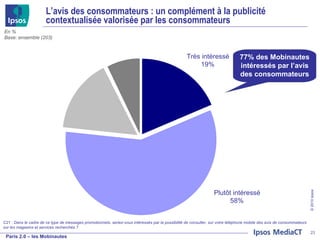 L’avis des consommateurs : un complément à la publicité contextualisée valorisée par les consommateurs  C21 : Dans le cadre de ce type de messages promotionnels, seriez-vous intéressés par la possibilité de consulter, sur votre téléphone mobile des avis de consommateurs sur les magasins et services recherchés ? En % Base: ensemble (203) 77% des Mobinautes intéressés par l’avis des consommateurs Très intéressé 19% Plutôt intéressé 58% 