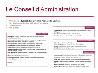 Le Conseil d’Administration
       Présidente : Zysla Belliat, Directrice Aegis Media Solutions
       Un Secrétaire Général et 3 Vice-Présidents
       24 membres
       Un Bureau                                                                                                                                      Annonceurs

                                                                                    Claire Mai Fulda, Directrice de la Prospective et de l’Innovation de la Marque,
                                                                                    BNP Paribas
                                                                Médias et Régies    Jean-Marc Savigné, Directeur de la Publicité, Citroën
                                                                                    Jean Thibaud, Directeur Etudes et Segmentation, SFR
    Bruno Belliat, Directeur du Marketing, de la Communication et des Etudes,
    France Télévisions Publicité
    Laurent Bliaut, Directeur Général Adjoint en charge du Marketing, des Etudes,
                                                                                                                                       Agences Conseils et Médias
    de la Stratégie et du Revenu Managent, TF1 Publicité
                                                                                    Philippe Ceyrac,Fondateur, C.rac&Co
    François Dufresne, Directeur Général Adjoint Marketing, Figaromédias
                                                                                    Mathieu Morgensztern, Président Directeur Général, Digitas
    Philippe Gacon, Directeur Délégué Etudes et Marketing, RégieObs
                                                                                    Arnaud Parent, Directeur Général Adjoint, Havas Media Analytics
    Charles Jouvin, Directeur du Marketing Opérationnel, Prisma Pub
                                                                                    Gilles Santini, Président d'Hippon France
    Yannick Lacombe, Directeur Général Adjoint en charge du Marketing et de la
    Stratégie, Lagardère Publicité
    Belen Moscoso del Prado, Directeur de la Stratégie et des Partenariats, Pages                                                                  Instituts d’études
    Jaunes Groupe
                                                                                    Laurent Battais, Directeur Exécutif Performance et Cross Media , Médiamétrie
    Thierry Pasquet, Président, Screenvision
    Isabelle Schlumberger, Directrice Générale Commerce et Développement,           Joël Boillot, Président du conseil de surveillance, BVA
    Groupe JCDecaux                                                                 Esther Flath, Directrice Générale, Sorgem International Market Research
    Eric Trousset, Directeur Général Adjoint Etudes & Marketing, Mediapost
                                                                                    Isabelle Le Roy, Directrice dû pôle Media, Publicité, Nouvelles Technologies,
    Publicité
                                                                                    CSA
                                                                                    Marie-Laure Lerolle, Directeur de Département, Ipsos MediaCT
                                                                                    Stéphane Marcel, Managing Director O3 et Digital Factory, TNS Sofres
 