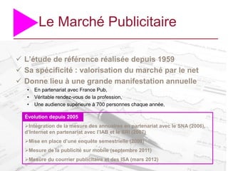Le Marché Publicitaire

 L’étude de référence réalisée depuis 1959
 Sa spécificité : valorisation du marché par le net
 Donne lieu à une grande manifestation annuelle
   •   En partenariat avec France Pub,
   •   Véritable rendez-vous de la profession,
   •   Une audience supérieure à 700 personnes chaque année,

  Évolution depuis 2005
  Intégration de la mesure des annuaires en partenariat avec le SNA (2006),
  d’Internet en partenariat avec l’IAB et le SRI (2007)
  Mise en place d’une enquête semestrielle (2009)
  Mesure de la publicité sur mobile (septembre 2011)
  Mesure du courrier publicitaire et des ISA (mars 2012)
 