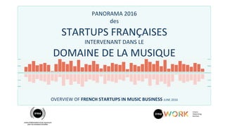 PANORAMA	2016		
des		
STARTUPS	FRANÇAISES		
INTERVENANT	DANS	LE		
DOMAINE	DE	LA	MUSIQUE	
	
	
	
	
	
	
OVERVIEW	OF	FRENCH	STARTUPS	IN	MUSIC	BUSINESS	JUNE	2016		
 