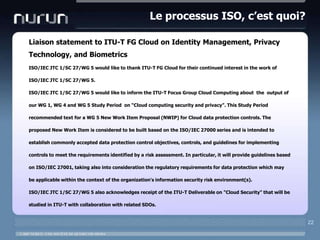 Le processus ISO, c’est quoi?22Liaison statement to ITU-T FG Cloud on Identity Management, Privacy Technology, and Biometrics ISO/IEC JTC 1/SC 27/WG 5 would like to thank ITU-T FG Cloud for their continued interest in the work of ISO/IEC JTC 1/SC 27/WG 5. ISO/IEC JTC 1/SC 27/WG 5 would like to inform the ITU-T Focus Group Cloud Computing about  the  output of our WG 1, WG 4 and WG 5 Study Period  on “Cloud computing security and privacy”. This Study Period recommended text for a WG 5 New Work Item Proposal (NWIP) for Cloud data protection controls. The proposed New Work Item is considered to be built based on the ISO/IEC 27000 series and is intended to establish commonly accepted data protection control objectives, controls, and guidelines for implementing controls to meet the requirements identified by a risk assessment. In particular, it will provide guidelines based on ISO/IEC 27001, taking also into consideration the regulatory requirements for data protection which may be applicable within the context of the organization's information security risk environment(s). ISO/IEC JTC 1/SC 27/WG 5 also acknowledges receipt of the ITU-T Deliverable on "Cloud Security" that will be studied in ITU-T with collaboration with related SDOs. 