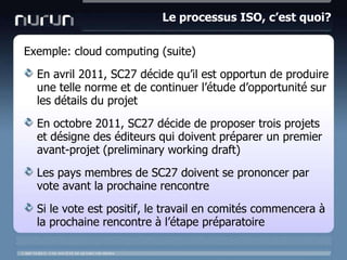 Le processus ISO, c’est quoi?Exemple: cloud computing (suite)En avril 2011, SC27 décidequ’ilestopportun de produireunetellenorme et de continuer l’étude d’opportunité sur les détails du projetEn octobre 2011, SC27 décide de proposer troisprojets et désigne des éditeurs qui doiventpréparer un premier avant-projet (preliminary working draft)Les pays membres de SC27 doivent se prononcer par vote avant la prochainerencontreSi le vote estpositif, le travail en comitéscommencera à la prochainerencontre à l’étapepréparatoire