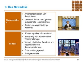 3. Das Newsdesk

                            Arbeitsorganisation von
                             Redaktionen
 Eigenschafte               „zentraler Tisch“: verfügt über
 n                           redaktionelle Informationen
                            Bedienung verschiedener
                             Ressorts

                            Bündelung aller Informationen
                            Steuerung von Abläufen und
                             Themenplanung
                            Vereint inhaltliche, fachliche und
      Vorteile               organisatorische
                             Kernkompetenzen
                            Entscheidungsgewalt
                            Erfolgskontrolle

Issues Management im Social Web als Herausforderung der Unternehmenskommunikation   20
 