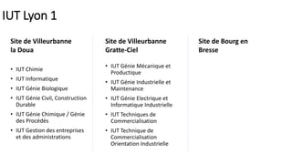 IUT Lyon 1
• IUT Chimie
• IUT Informatique
• IUT Génie Biologique
• IUT Génie Civil, Construction
Durable
• IUT Génie Chimique / Génie
des Procédés
• IUT Gestion des entreprises
et des administrations
• IUT Génie Mécanique et
Productique
• IUT Génie Industrielle et
Maintenance
• IUT Génie Electrique et
Informatique Industrielle
• IUT Techniques de
Commercialisation
• IUT Technique de
Commercialisation
Orientation Industrielle
Site de Villeurbanne
la Doua
Site de Villeurbanne
Gratte-Ciel
Site de Bourg en
Bresse
 