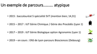 Un exemple de parcours………. atypique
• 2015 : baccalauréat S spécialité SVT (mention bien; 14,31)
• 2015 – 2017 : IUT Génie Chimique / Génie des Procédés (Lyon 1)
• 2017 – 2019 : IUT Génie Biologique option Agronomie (Lyon 1)
• 2019 – en cours : ENS de Lyon parcours Biosciences (Debourg)
 