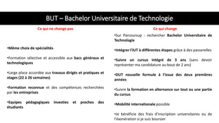 BUT – Bachelor Universitaire de Technologie
•Même choix de spécialités
•Formation sélective et accessible aux bacs généraux et
technologiques
•Large place accordée aux travaux dirigés et pratiques et
stages (22 à 26 semaines)
•Formation reconnue et des compétences recherchées
par les entreprises
•Equipes pédagogiques investies et proches des
étudiants
•Sur Parcoursup : rechercher Bachelor Universitaire de
Technologie
•Intégrer l'IUT à différentes étapes grâce à des passerelles
•Suivre un cursus intégré de 3 ans (sans devoir
représenter ma candidature au bout de 2 ans)
•DUT nouvelle formule à l'issue des deux premières
années
•Suivre la formation en alternance sur tout ou une partie
du cursus
•Mobilité internationale possible
•Je bénéficie des frais d'inscription universitaires ou de
l'éxonération si je suis boursier
Ce qui ne change pas Ce qui change
 