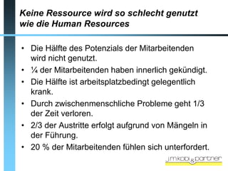 Keine Ressource wird so schlecht genutzt
wie die Human Resources

• Die Hälfte des Potenzials der Mitarbeitenden
  wird nicht genutzt.
• ¼ der Mitarbeitenden haben innerlich gekündigt.
• Die Hälfte ist arbeitsplatzbedingt gelegentlich
  krank.
• Durch zwischenmenschliche Probleme geht 1/3
  der Zeit verloren.
• 2/3 der Austritte erfolgt aufgrund von Mängeln in
  der Führung.
• 20 % der Mitarbeitenden fühlen sich unterfordert.
 