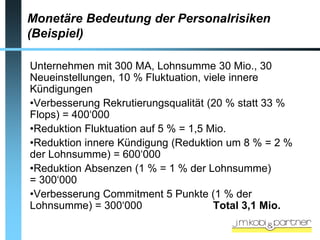 Monetäre Bedeutung der Personalrisiken
(Beispiel)

Unternehmen mit 300 MA, Lohnsumme 30 Mio., 30
Neueinstellungen, 10 % Fluktuation, viele innere
Kündigungen
•Verbesserung Rekrutierungsqualität (20 % statt 33 %
Flops) = 400‘000
•Reduktion Fluktuation auf 5 % = 1,5 Mio.
•Reduktion innere Kündigung (Reduktion um 8 % = 2 %
der Lohnsumme) = 600‘000
•Reduktion Absenzen (1 % = 1 % der Lohnsumme)
= 300‘000
•Verbesserung Commitment 5 Punkte (1 % der
Lohnsumme) = 300‘000                  Total 3,1 Mio.
 