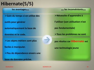 Hibernate(5/5)
… les inconvénients…

les avantages…
Gain du temps si on utilise des

Nécessite d'apprendre à

outils pour générer

l'utiliser (son utilisation n’est

automatiquement la base de

pas fondamentale)

données et le code.

Tous les problèmes ne sont

Les objets métiers sont plus

pas résolus car Hibernate est

faciles à manipuler.

une technologie jeune

Peu de dépendance envers une
base de données précise.
04/03/2014

M2RINFO SPI

19

 
