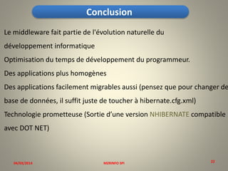 Conclusion
Le middleware fait partie de l'évolution naturelle du
développement informatique

Optimisation du temps de développement du programmeur.
Des applications plus homogènes

Des applications facilement migrables aussi (pensez que pour changer de
base de données, il suffit juste de toucher à hibernate.cfg.xml)
Technologie prometteuse (Sortie d’une version NHIBERNATE compatible
avec DOT NET)

04/03/2014

M2RINFO SPI

22
22

 