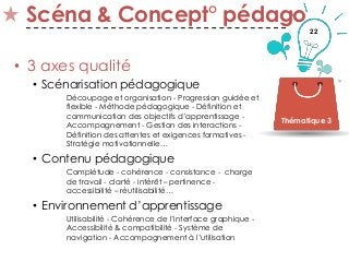 22
Scéna & Concept° pédago
• 3 axes qualité
• Scénarisation pédagogique
Découpage et organisation - Progression guidée et
flexible - Méthode pédagogique - Définition et
communication des objectifs d’apprentissage -
Accompagnement - Gestion des interactions -
Définition des attentes et exigences formatives -
Stratégie motivationnelle…
• Contenu pédagogique
Complétude - cohérence - consistance - charge
de travail - clarté - intérêt – pertinence -
accessibilité – réutilisabilité…
• Environnement d’apprentissage
Utilisabilité - Cohérence de l’interface graphique -
Accessibilité & compatibilité - Système de
navigation - Accompagnement à l’utilisation
Thématique 3
 