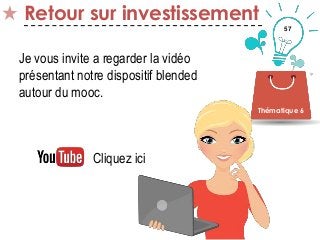 57
Retour sur investissement
Thématique 6
Je vous invite a regarder la vidéo
présentant notre dispositif blended
autour du mooc.
Cliquez ici
 