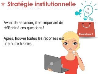 6
Stratégie institutionnelle
Thématique 1
Avant de se lancer, il est important de
réfléchir à ces questions !
Après, trouver toutes les réponses est
une autre histoire...
 
