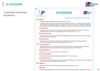 22
Un glossaire est envoyé
aux joueurs :
LE GLOSSAIRE
GLOSSAIRE
Le jeu de la Maintenance - Stratégie® : licence n 159 / ENSAIA
AMDEC
– Analyse des Modes de Défaillances, de leurs Effets et de leur Criticité.
– La méthode consiste à évaluer pour chaque défaillance possible d'un composant : 1) sa probabilité, 2) sa possibilité
d'être détectée, 3) la gravité de ses effets. Le produit de ces trois facteurs est la criticité. L'objectif est d'engager des
actions qui réduisent la criticité. L'AMDEC peut s'appliquer à un produit, un processus ou un procédé (ou un moyen).
Arrêts identifiés
– Les arrêts d'un bien dont la durée est suffisante pour être identifiés et enregistrés. Par exemple : une panne, un
changement d'outil, un arrêt pour manque de personnel. Voir a contrario les Micro-arrêts.
Arrêt propre d'un bien
– Arrêt d'un bien du à une cause qui lui est propre, par opposition à des arrêts dus à des causes externes (manque de
personnel, manque de matière, etc).
Automaintenance
– Politiquequi consiste à déléguer aux opérateurs d'un équipement le soin d'assurer certaines opérations de
maintenance préventive ou corrective simples (généralementde Niveau 1)
Courbe en baignoire
– Évolution pendant sa durée de vie du taux de défaillance d'un équipement. Au début le taux décroit rapidement
(problèmes de jeunesse), puis se stabilise (maturité),puis augmente à nouveau (vieillissement).
Coûts de défaillance
– Somme des Coûts de Maintenance et des Coûts d'indisponibilité
Coûts d'indisponibilité
– L'ensemble des conséquences économiques provoquées par l'Arrêt propre d'un bien.
Coûts de Maintenance
– L'ensemble des dépenses engagées pour assurer la maintenance préventive ou corrective des biens, que ces dépenses
soient internes à l'entreprise ou externes (sous-traitance).
Défaillance
– Cessation de l'aptitude d'un bien à accomplir une fonction requise (début d'une Panne)
Dépannage
– Action de nature palliative visant à remettre provisoirementle bien en état de fonctionner (différent de Réparation)
A
C
D
Ces définitions sont conformes aux normes en vigueur. Toutefois,
la définition formelle a parfois été allégée pour en faciliter la lecture.
 