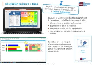 3
Description du jeu en 1 diapo
Le Jeu de la Maintenance (Stratégie) approfondit
la connaissance de la Maintenance industrielle :
• découverte de la fonction Maintenance
• diagnostic des forces et faiblesses
• analyse des risques liés aux équipements
• mise en œuvre d'une stratégie cohérente de
progrès
Le module est accompagné
d'un diaporama pédagogique
qui complète la partie ludique
par un enseignement cohérent
des concepts.
Tout droit réservé - CIPE 2021 - www.CIPE.fr
 