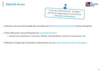 4
• Donner une vue d'ensemble des activités de la Maintenance Industrielle d'une entreprise.
• Faire découvrir aux participants les concepts de base :
– maintenance préventive, corrective, fiabilité, maintenabilité, coût de la maintenance, etc.
• Montrer l'impact de la fonction maintenance sur les autres fonctions de l'entreprise.
Objectifs du jeu
 