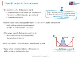 4
• Décrire les modes de tolérancement
– Tolérancement au Pire des cas (ou arithmétique)
– Tolérancement Statistique (ou quadratique)
– Tolérancement Inertiel
• Prendre conscience des spécificités de chaque mode de tolérancement
– Coût du Tolérancement au Pire des cas
– Limites du Tolérancement Statistique
• Mettre en place le Tolérancement Inertiel
– Calculer l'Inertie maximale admissible
– Calculer l'inertie d'un lot
• Hiérarchiser les caractéristiques en terme de gravité
• Faire le lien entre le mode de tolérancement
et les impacts sur la production.
Objectifs du jeu du Tolérancement
Tout droit réservé - CIPE 2016 - www.CIPE.fr
 