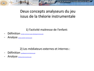 Deux concepts analyseurs du jeu
issus de la théorie instrumentale
1) l’activité maitresse de l’enfant:
- Définition Activités maitresses et gains développementaux.pptx
- Analyse analyse activités maitresses.pptx
2) Les médiateurs externes et internes :
- Définition parallélogramme de léontiev.pptx
- Analyse MediateurExterneJeu2pre.pptx
 